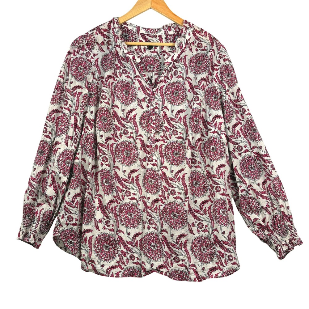 Talbots Plus 2X Long Sleeve Floral Block Print Cotton Blouse 2X Pink Cottage
